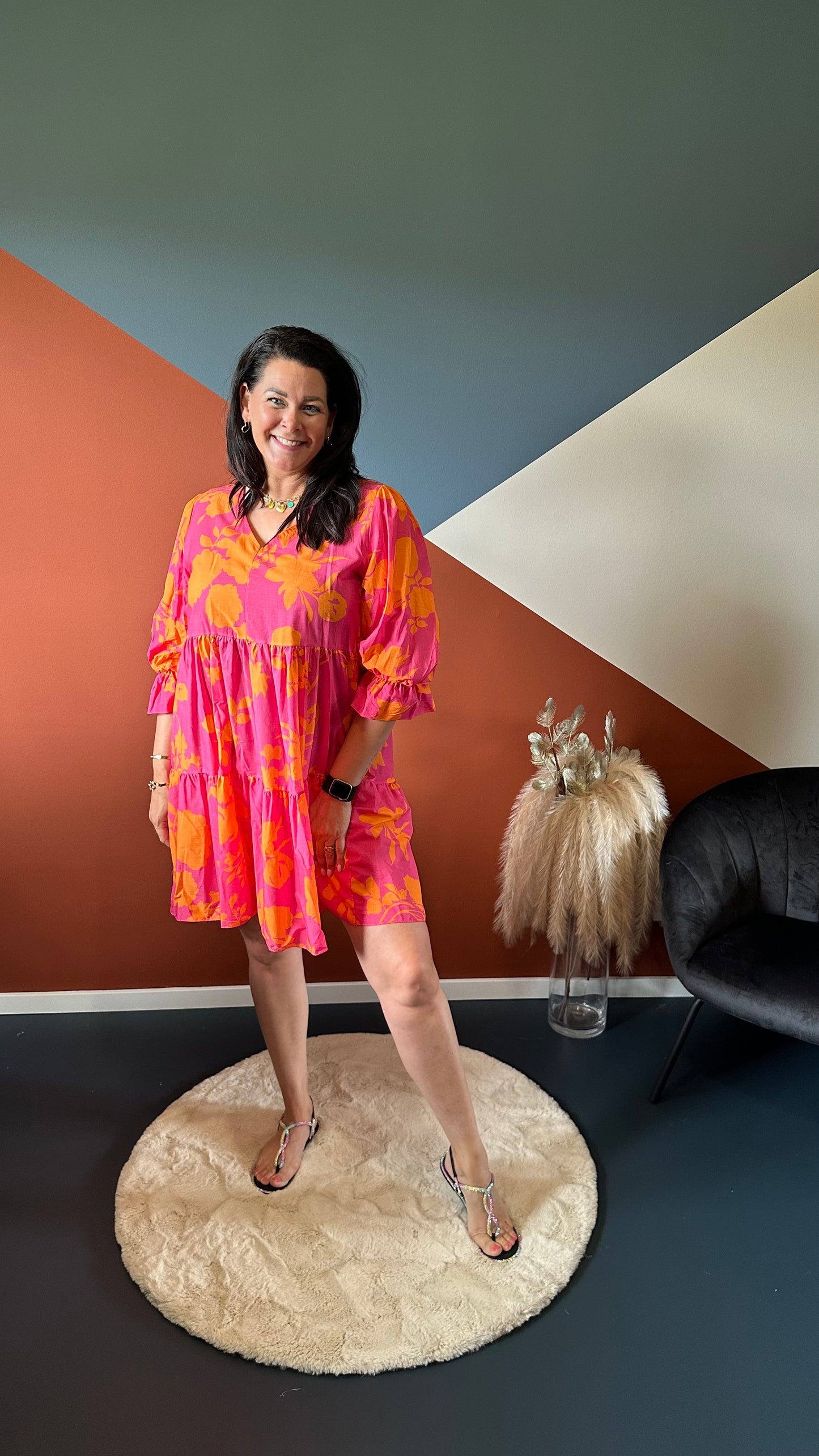 Azzurro Jurk Print Fuchsia-Oranje