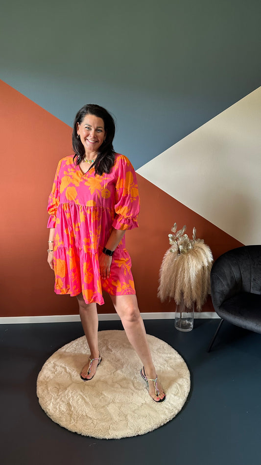 Azzurro Jurk Print Fuchsia-Oranje
